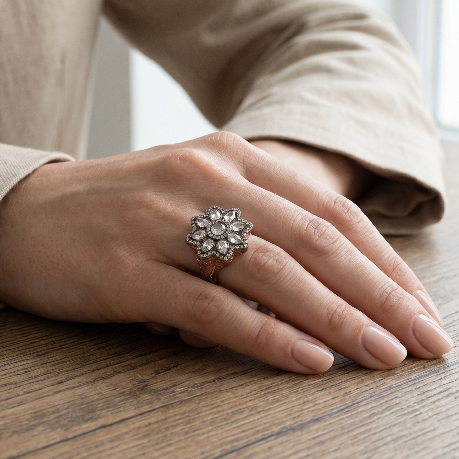 KAELIS | 925 Ayar Gümüş Taşlı Floral Form Vintage Yüzük